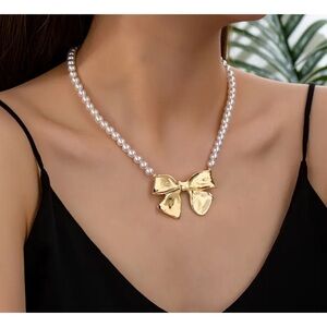 NEW! 2 Inch Gold Bow with Faux Pearls 16.5 inch with 2 inch extension Necklace!